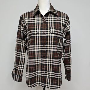 Lauren Ralph Lauren Plaid Button Up Dark Green Tan Red, SZ SMALL Cotton Twill